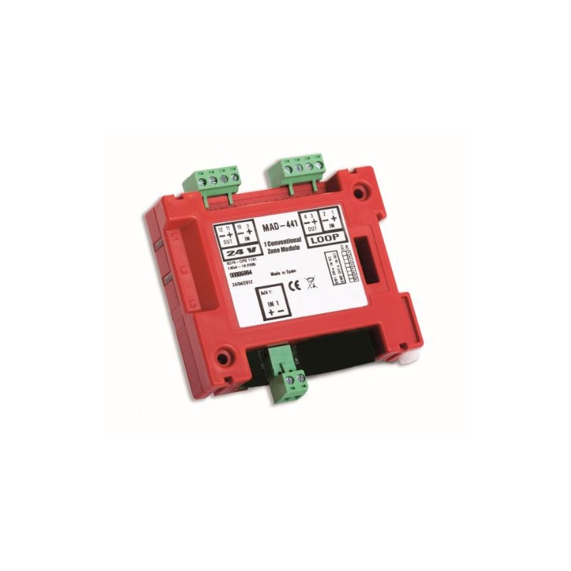 MAD-441 Módulo analógico de 1 zona convencional, permite la conexión de hasta 20 detectores convencionales y/o 32 pulsadores con